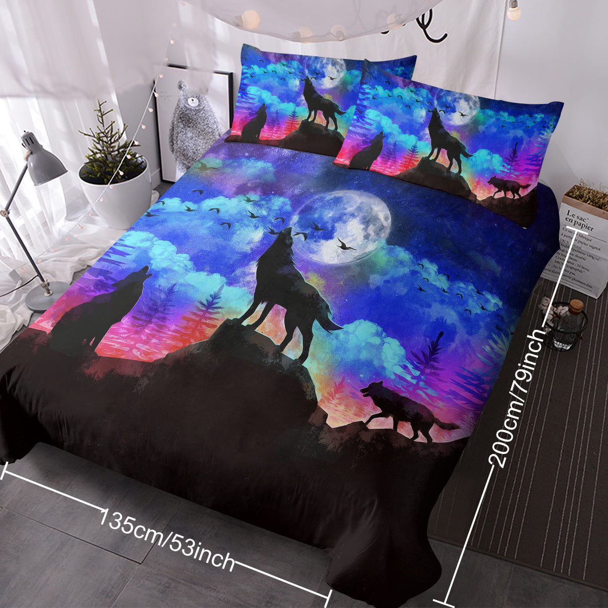 US & UK Local Moon Wolf Duvet Cover Set Single 3pcs Colorful Microfiber Kids Bedding Set