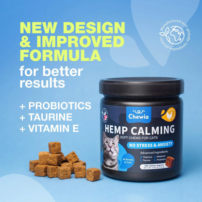 US Local Cat Calming Treats with Hemp & Melatonin – Soft Chews for Anxiety Relief, Stress, Travel, Storms & Grooming Support