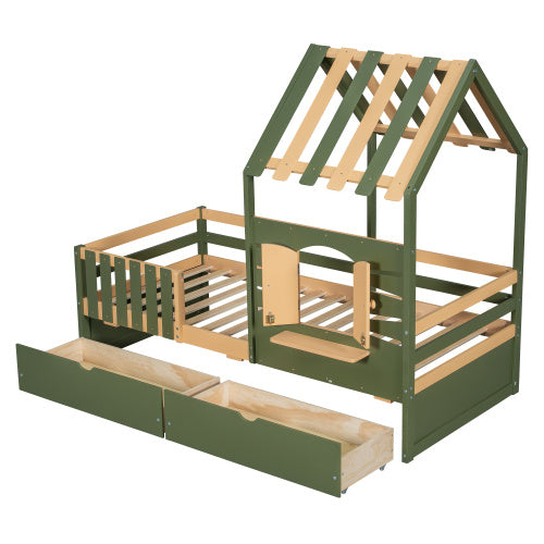 UK Local Wooden Bed, Children S Bed, 3ft Single Bed 90x190cm, MDF  Pinewood  Plywood, Two Storage Drawers,  Roof Shape With A Window, Green  Natural