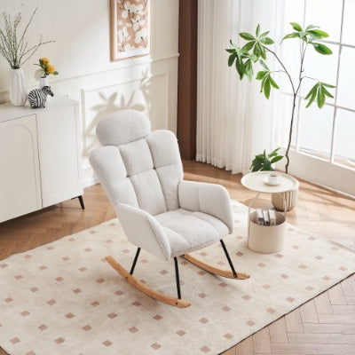 UK Local Soft Teddy Fabric Tufted Upholstered Rocking Chair Padded Seat With Headrest For Living Room Bedroom,Ivory White