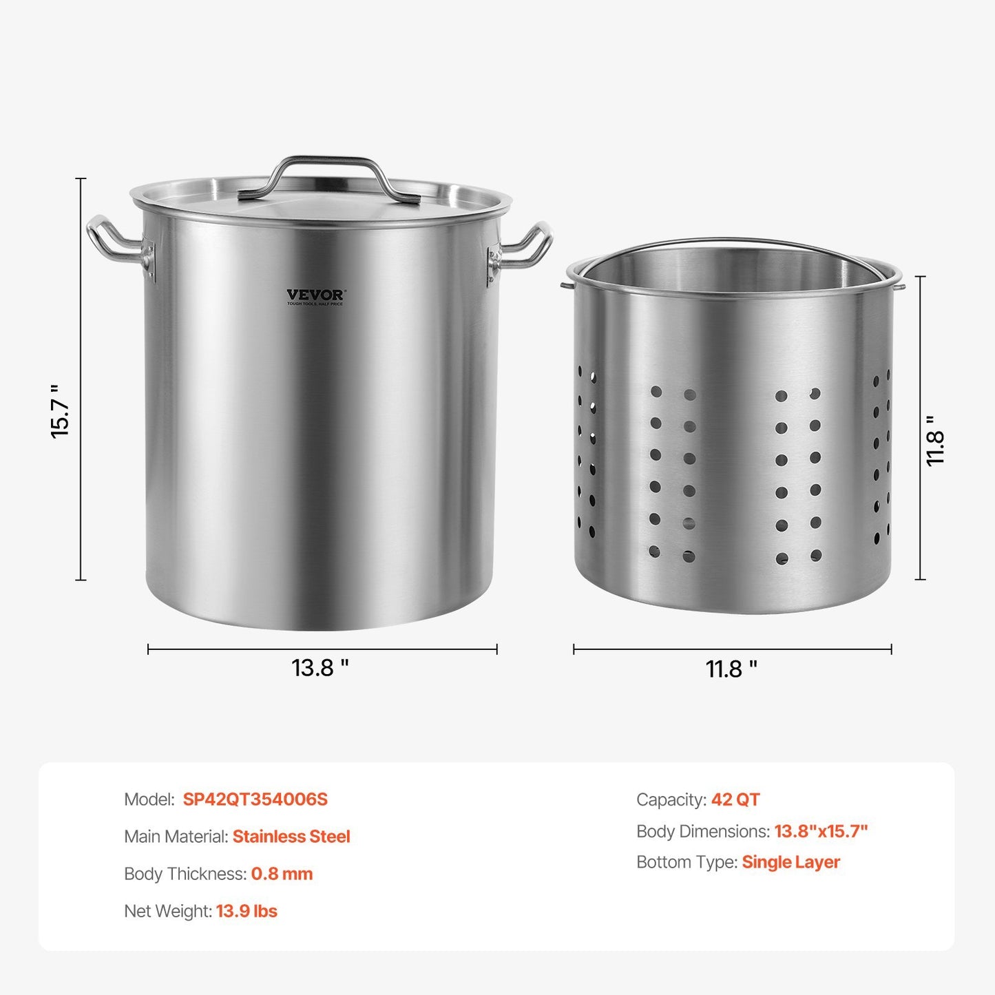 US Local VEVOR Stainless Steel Stockpot, 42 Quart Large Cooking Pots, Cookware Sauce Pot With Strainer, Lid, And Handle, Heavy Duty Commercial Grade Stock Pot, Sanding Treatment, For Large Groups Events Silver