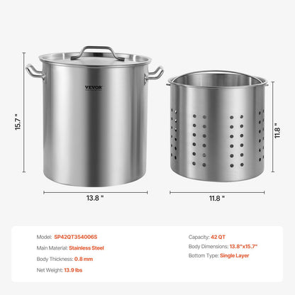 US Local VEVOR Stainless Steel Stockpot, 42 Quart Large Cooking Pots, Cookware Sauce Pot With Strainer, Lid, And Handle, Heavy Duty Commercial Grade Stock Pot, Sanding Treatment, For Large Groups Events Silver