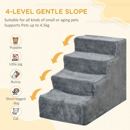 UK Local PawHut Four-Step Dog Stairs, With Washable Plush Cover, For High Bed Sofa, Dog Stairs For Small Dog And Cat - Light Grey