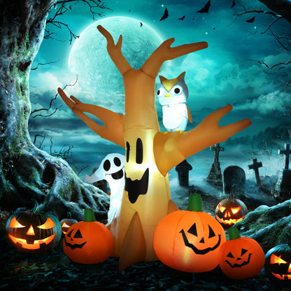 US Local HOMCOM 7.5 Tall Lighted Halloween Inflatables Outdoor Decorations Haunted Tree With Owl, Ghost, Pumpkins, Blow Up LED Yard Decor For Garden, Lawn, Party, Holiday, Waterproof