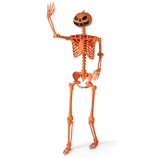 5.5ft Life-Size Halloween Skeleton With Pumpkin Head - Orange Color, Fully Poseable Joints Jaw Shoulders Knees , PP PE Material