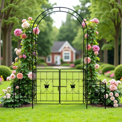 US Local Garden Arch Arbor Trellis For Climbing Plants With Gate, Durable Metal Garden Arch Outdoor Wedding Arch, For Wedding Ceremony Party Plant Climbing Rose Vines Lawn Courtyard Patio Black, 7.15ft