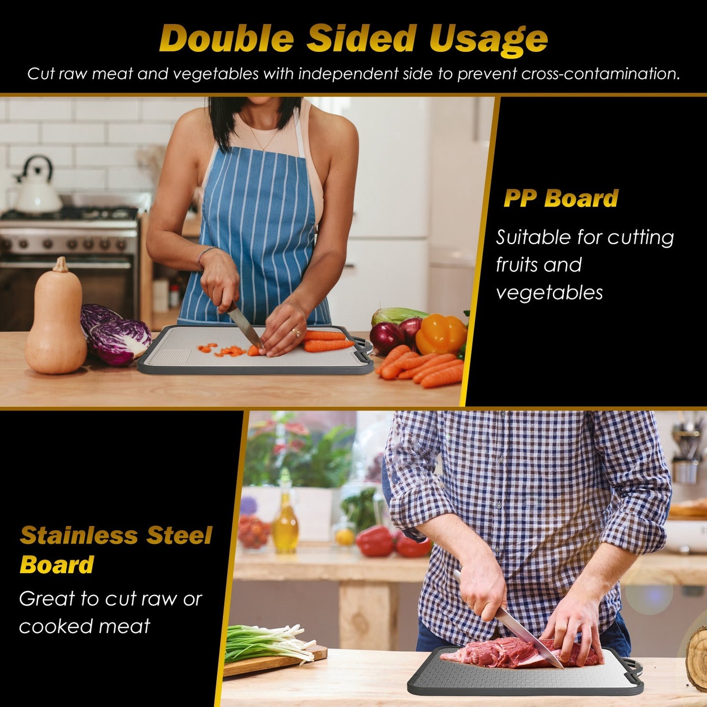 US Local 2Pcs Double Sided Cutting Board Stainless Steel PP Chopping Board Lightweight Kitchen Cutting Board Mesh Design With Grinding Zone Knife Sharpener Handle Dishwasher Safe