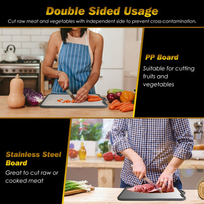 US Local 2Pcs Double Sided Cutting Board Stainless Steel PP Chopping Board Lightweight Kitchen Cutting Board Mesh Design With Grinding Zone Knife Sharpener Handle Dishwasher Safe