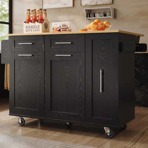 UK Local Modern Kitchen Island, Kitchen Cabinet, Buffet Cabinet, Dining Cart With Wood Grain, Dining Table With Storage Space, Dining Cart With Snack Shelves And Stretch Function Cabinets, Black