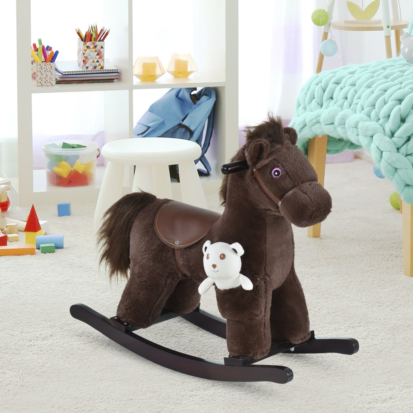 US Local Kids Plush Ride-On Rocking Horse with Bear Toy