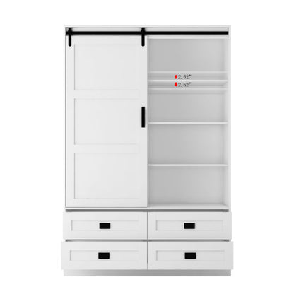 US Local Tall Bedroom Armoire Wardrobe Closet Clothing Storage Cabinet With Hanging Rod Barn Door Drawers Open Shelves