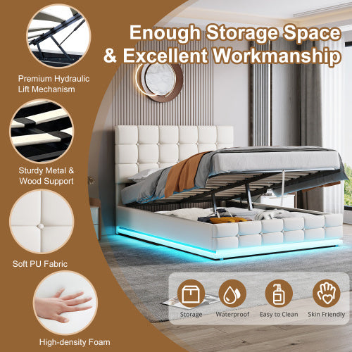 UK Local Ottoman Double Bed With LED Lighting, PU Leather Upholstered Bed With Hydraulic Storage, 4ft6 Double Bed Frame With Adjustable Button Tufted Headboard, Cream White No Mattress