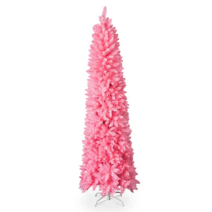 US Local 7.5 FT Hinged Christmas Tree, Artificial Pencil Christmas Tree, Unlit Artificial Christmas Pine Tree With 1075 Branch Tips And Sturdy Stand, Pink