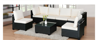 US Local Seven-Piece Sofa Set Table With Sofa Chair Black PE Rattan Outdoor New Design Furniture 7-JH002 Box 3-1-2-3 With White Color Cushion