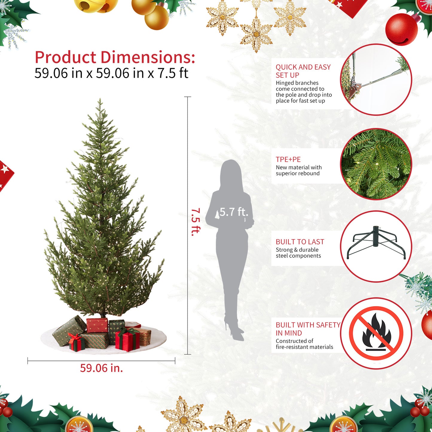 US Local Aspen Slim Fir 7.5ft Christmas Tree Pre-Lit Artificial With 4,570 Branch Tips & 1,555 Low-Voltage Warm LED Lights, Foldable Stand & Realistic Flame-Resistant Branches