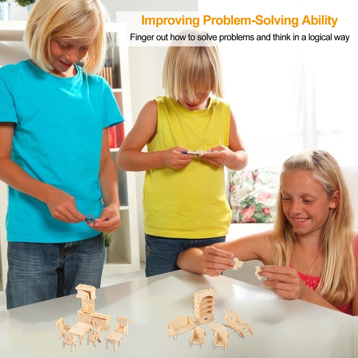 US Local 3D Wooden Dollhouse Furniture Puzzles DIY Miniature Furniture Models Set