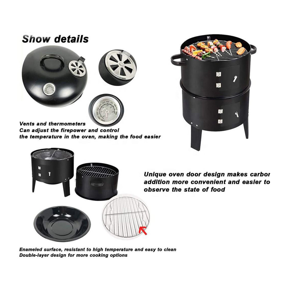Double Layer Smokeless BBQ Grill & Braising Oven - Vertical Charcoal Smoker For Effortless, Healthy Outdoor Cooking With Minimal Grease Smoke