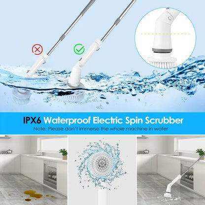 US Local Electric Spin Scrubber Cordless Rechargeable Telescopic Cleaning Brush 6 Replaceable Heads