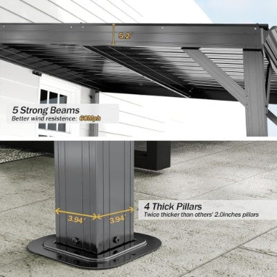 US Local 8x10 Lean To Gazebo With Upgraded Drainage System, Wall Mounted Gazebo Hardtop Galvanized Steel Sloping Roof For Patio Deck Lawn Party Gray