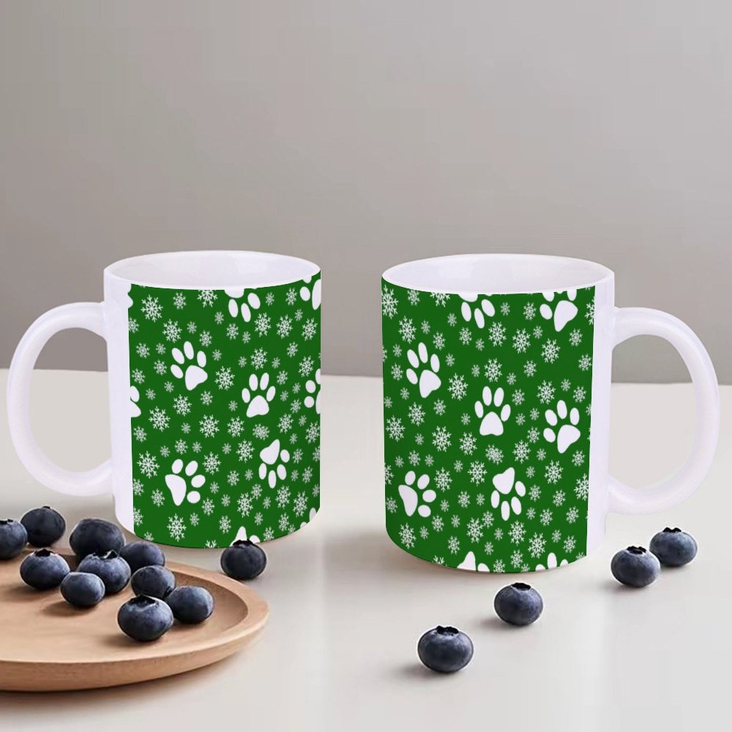 POD US Local White mug with full print, Christmas Snowflakes Cats Dogs Paws Green 0028