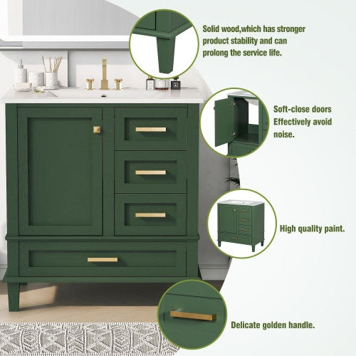 US Local 30 Bathroom Vanity , Modern Bathroom Cabinet With Sink Combo Set, Bathroom Storage Cabinet With A Soft Closing Door And 3 Drawers, Solid Wood Frame