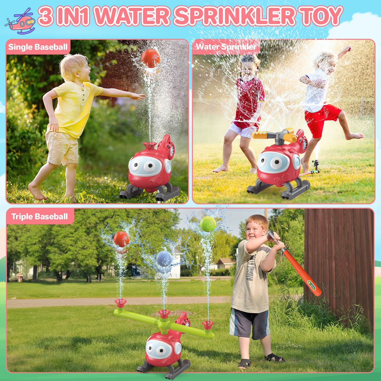 US Local 4 In 1 Water Sprinklers T Ball Set For Kids And Toddlers, Baseball Sprinkler For Backyard Helicopter Toy Outdoor Game, Attaches To Garden Hose Summer Yard Pool Water Toy