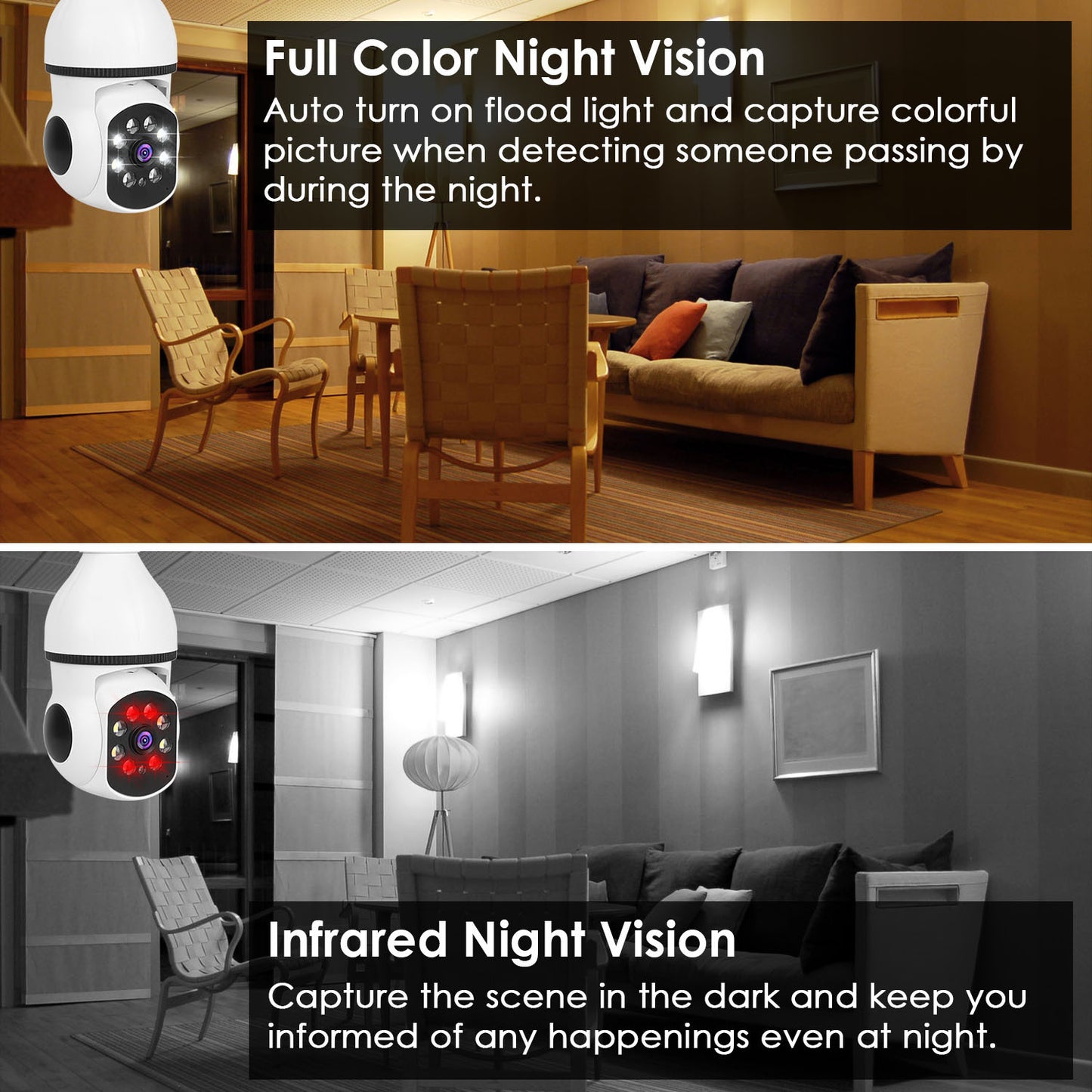 US Local 1 Pc E27 WiFi Bulb Camera 1080P FHD WiFi IP Pan Tilt Security Surveillance Camera With Two-Way Audio Full Color Night Vision Flood Light Motion Tracking Siren Function APP Control
