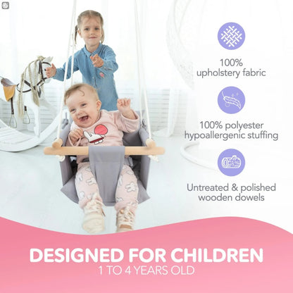 US Local Canvas Baby Swing Wooden Hanging Swing Seat Chair With Safety Belt Durable Baby Swing Chair Outdoor And Indoor Swing For Kids Mounting Hardware Included Taupe Gray