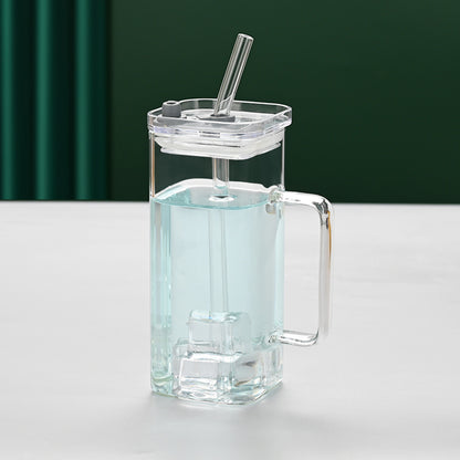 US Local 1 Pcs Transparent Glass Straw Cup, 6 Colors Square Glass Cup With Straw And Lid, High Borosilicate Glass Cup, Milk Cup, Juice Cup, Cold Drink Cup, Coffee Cup, Tea Cup, Office Cup, Gift Cup