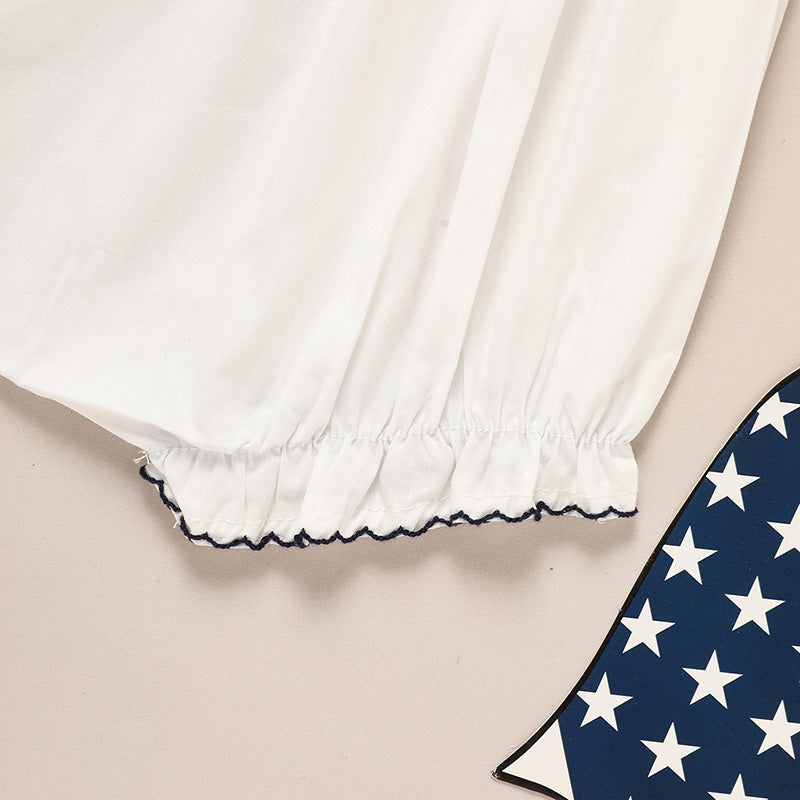 US Local Baby Girl 4th Of July Bubble Romper, Smocked Fly Sleeve Bodysuit With American Flag Embroidery