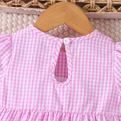 US Local Toddler Girl's Lapel Bubble Sleeve Dress, Checkered Pattern & Bunny Embroidery A-Line Summer Dress