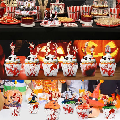 US Local 48 Pcs Halloween Cupcake Toppers Wrappers Rip Kit Bloody Zombie Hand Cupcake Pick Decorations For Halloween Horror Movie Bloody Theme Birthday Party Cake Decorations Supplies