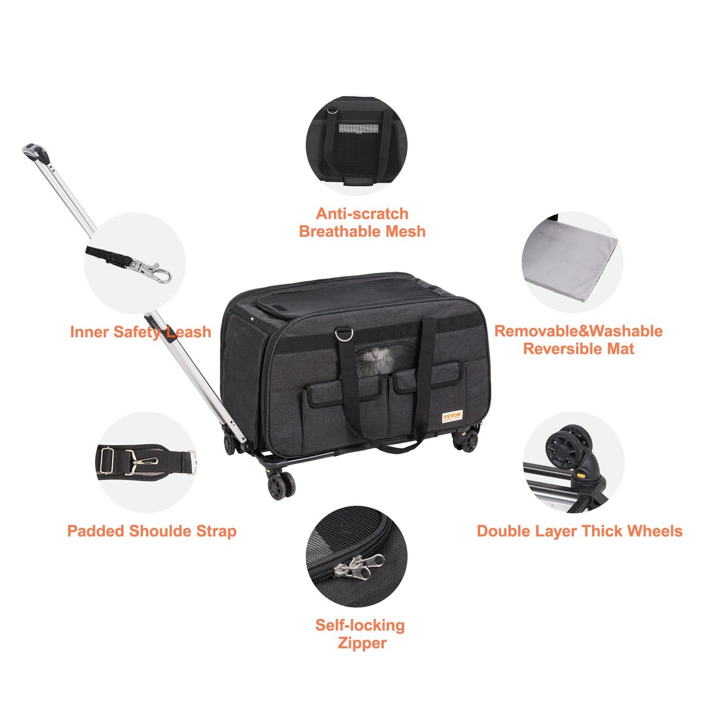 US Local Cat Carrier With Wheels, Rolling Pet Carrier With Telescopic Handle And Shoulder Strap, Dog Carrier With Wheels For Pets Under 35 Lbs, With 1 Folding Bowl, Black