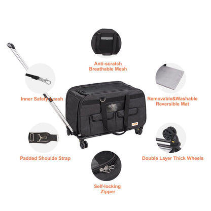US Local Cat Carrier With Wheels, Rolling Pet Carrier With Telescopic Handle And Shoulder Strap, Dog Carrier With Wheels For Pets Under 35 Lbs, With 1 Folding Bowl, Black