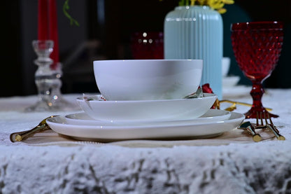 US Local Lily Bone China Dinnerware Set, 16 Pieces, Service For 4, White Plates, Dishes, Bowls Set, Microwave And Dishwasher Safe