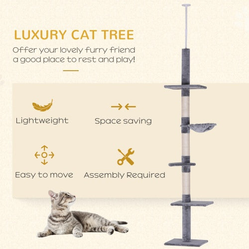 US Local 9 Foot Adjustable Height Floor To Ceiling Vertical Cat Tree - Grey And White