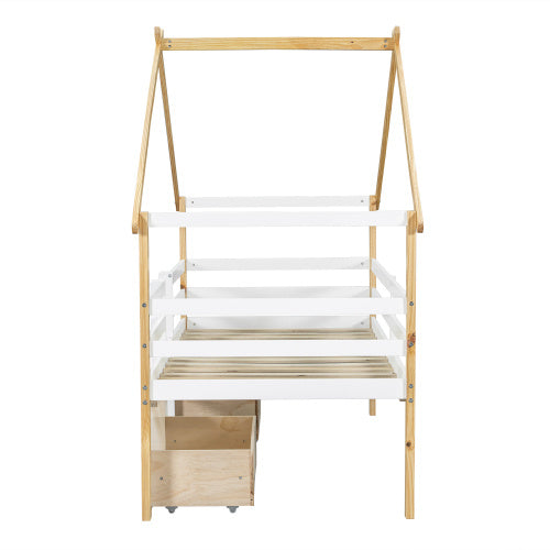 UK Local Wooden Bed, Children S Bed, 3ft Single Bed 90x190cm, MDF  Pinewood  Plywood, Safety Guardrail, Two Storage Drawers With Wheels,Roof Shape, White  Natural