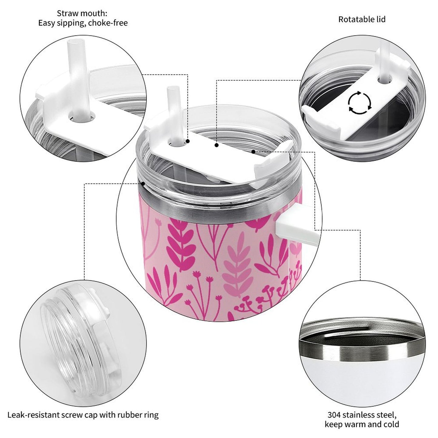 PHDT00422 POD US Local Tumbler 40 oz Large Capacity Car Cup Pink Flowers leaves