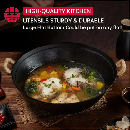 US Local WANGYUANJI 14.2 Handmade Wok, Cast Iron Wok Pan, Large Flat Bottom Wok Stir With Dual Handle And Wooden Lid, Suitable For All Cooktops, Uncoated Chinese Traditional Wok