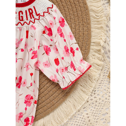 US Local Infant Girls' Floral Smocked Romper 'DADDY'S Girl' Embroidery Short Sleeve Crew Neck Adorable Princess Party Bodysuit