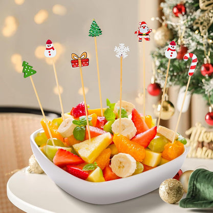 US Local Christmas Cocktail Pick Xmas Tree Snowflake Snowman Santa Claus Reindeer Pattern Sticks Cupcake Fruit Food Appetizer Skewers 4.9 In Bamboo Toothpicks For Christmas Holiday Party Favor Supplies