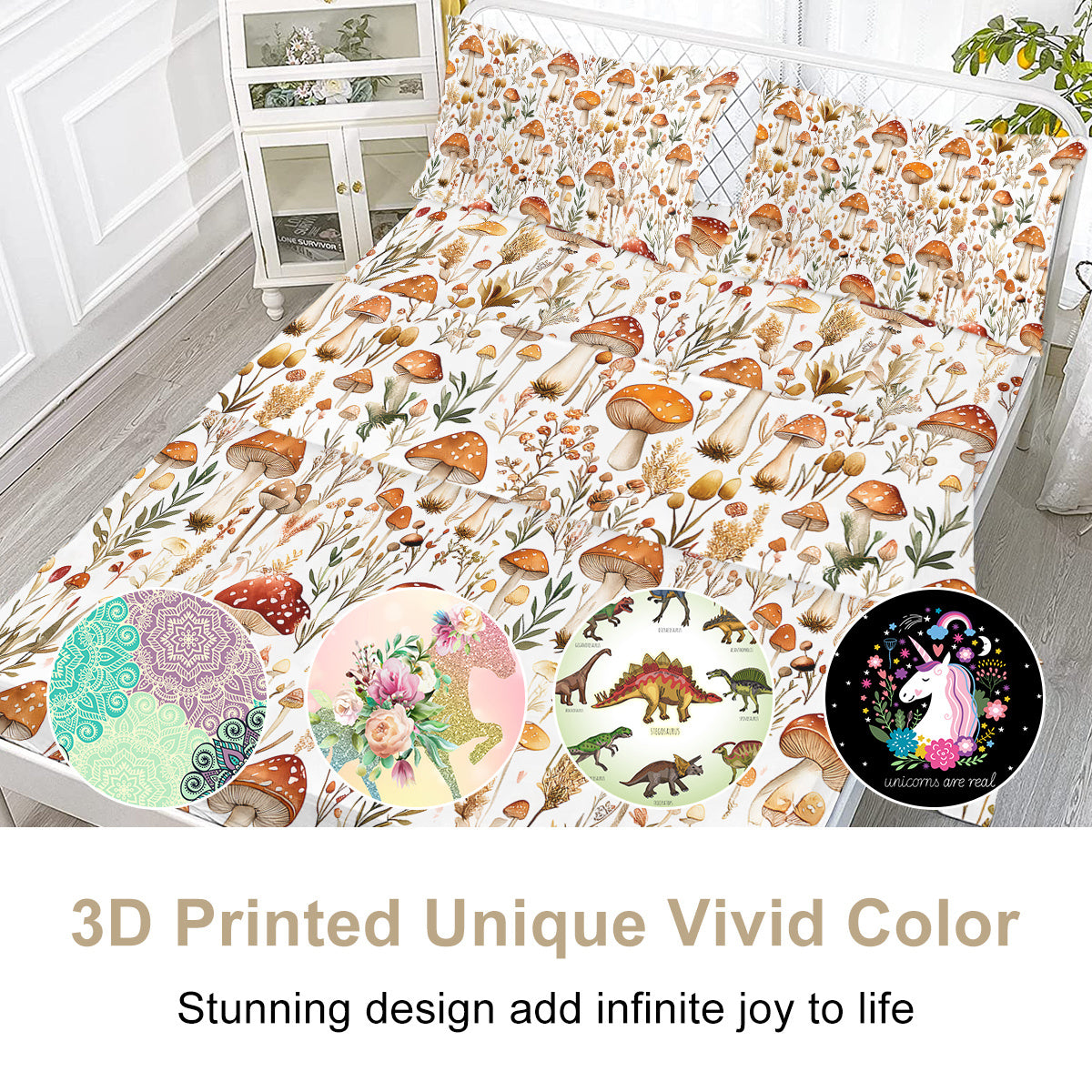 US Local 4 Pcs Of Forest Mushroom Natural Style Printed Series Beds, 1 Bedsheet, 1 Bed Sheet, And 2 Pillowcases Bedding, Suitable For All Seasons