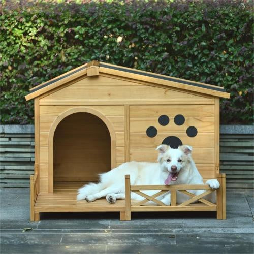 US Local 48 Wooden Dog House Outdoor With Porch, Dog Kennel With Water-Resistant Asphalt Roof And Fencing,Indoor & Outdoor Dog Crate With Paw Print, Medium, Nature