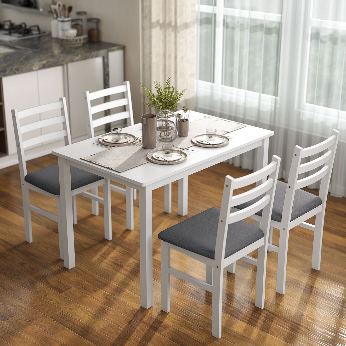 US Local 5-Piece Small Kitchen Table Set For 4, Farmhouse Dining Table Set With Upholstered Chairs And Rubber Wood Legs, White