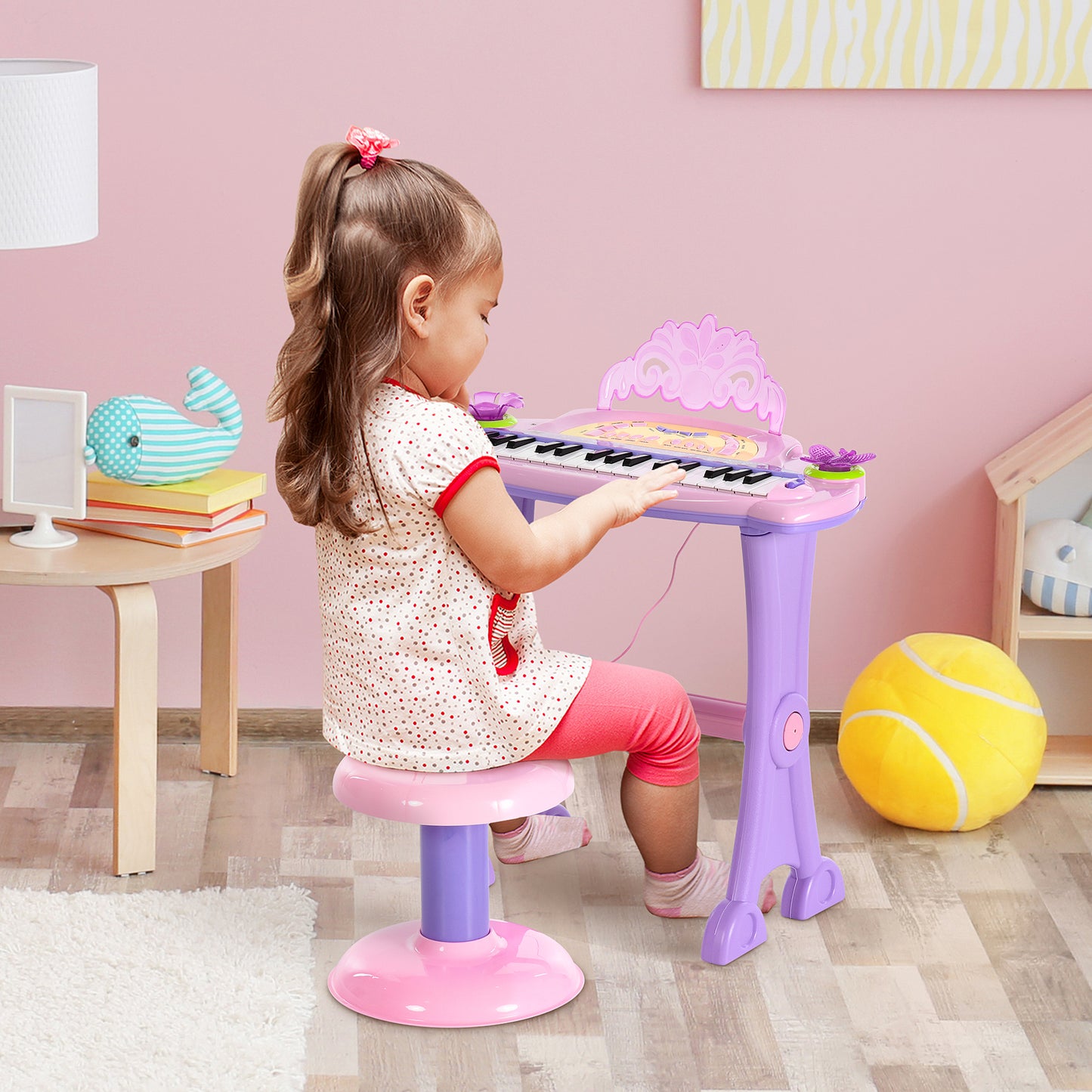 US Local 37-Key Kids Princess Electronic Piano Toddler Toy Keyboard with Stool