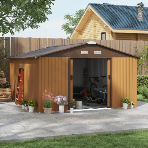 UK Local Outsunny 13 X 11ft Metal Garden Shed, Outdoor Storage Tool House With Ventilation Slots, Foundation Kit And Lockable Double Doors, Light Brown