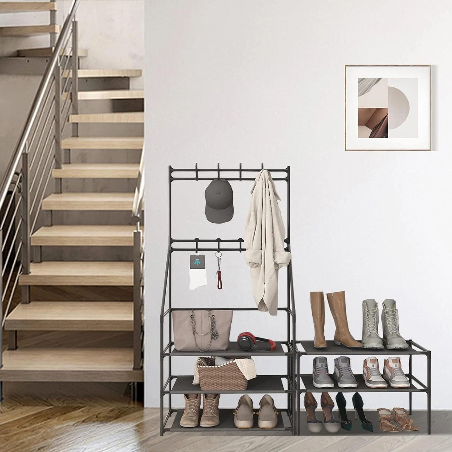 US Local 5-Tier Shoe Rack Shoe Storage For Entryway,Narrow Shoe Rack,Coat And Shoe Rack With 8 Hooks