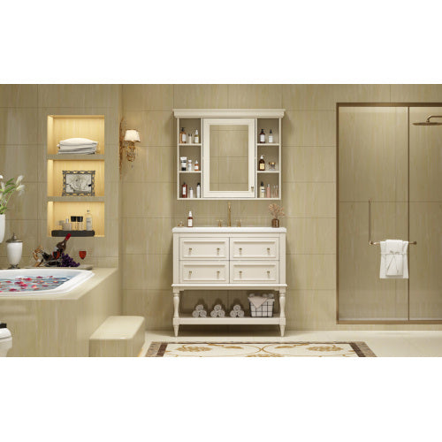US Local 36'' Bathroom Vanity With Medicine Cabinet, Modern Mirror Cabinet With Adjustable Shelf, Bathroom Storage Cabinet With 4 Drawers, Solid Wood Frame Bathroom Storage Cabinet