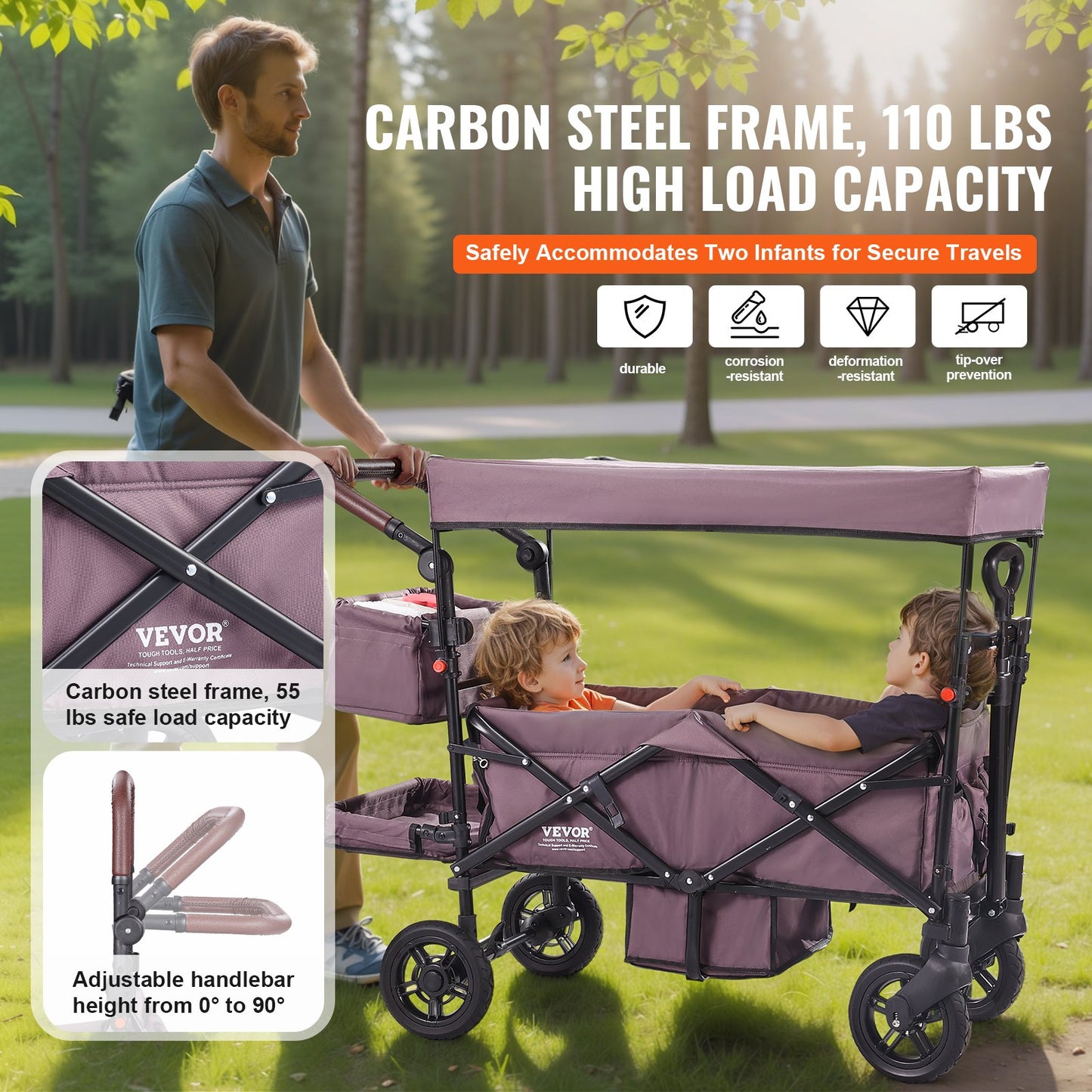 US Local Wagon Stroller For 2 Kids, Push Pull Quad Collapsible Stroller With Adjustable Handle, Encircling Harness Removable Canopy,4 Wheels W/ Brakes,Mutifunction Tandem Stroller For Camping Dark Purple