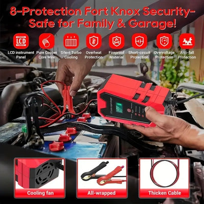 US Local Smart 12V Car Battery Charger And Motorcycle Battery Maintainer, Easy To Operate, Full Power Self-stop, LCD Display, Battery Temperature Compensation, Without Battery